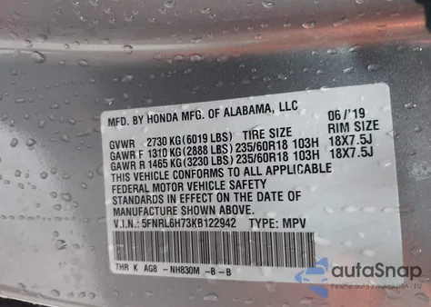 2019 Honda Odyssey Ex-L z USA, uszkodzony, nr VIN 5FNRL6H73KB122942